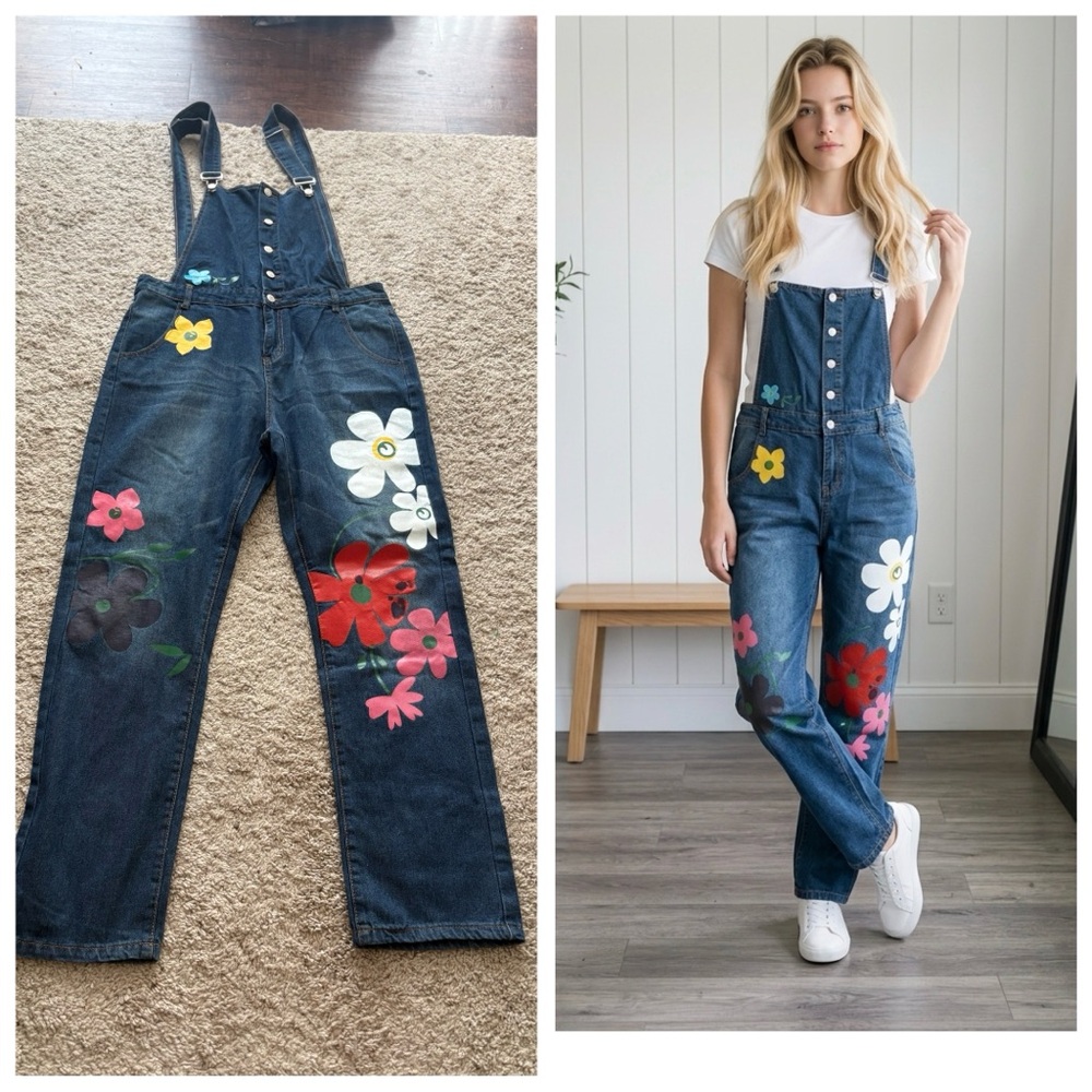 MISSLOOK Women’s Sz XL Juniors Blue Floral Patch Denim Overalls pockets buttons